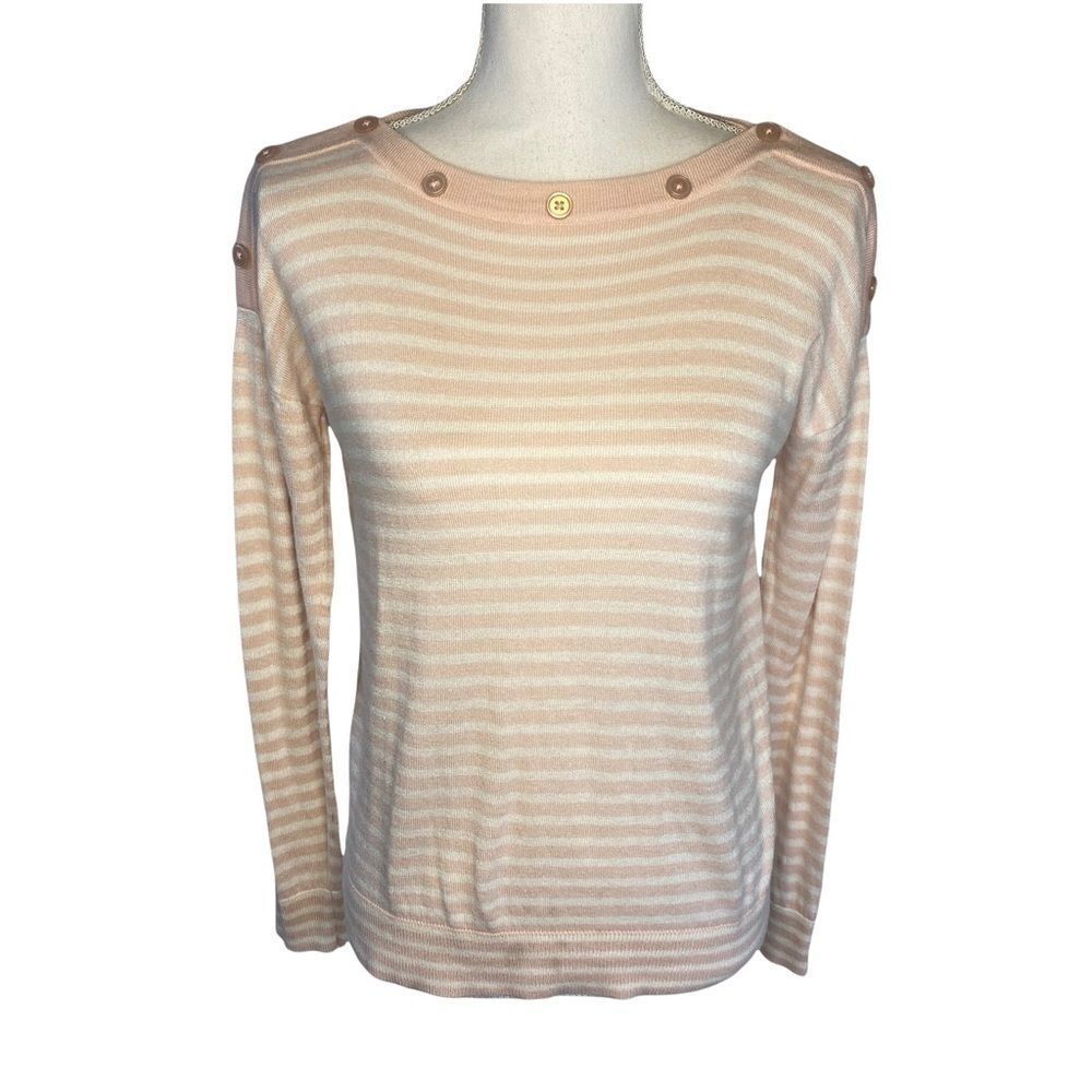 JEANNE PIERRE Cashmere Infused Striped Buttoned Sweater WOMENS Sz S Pink White